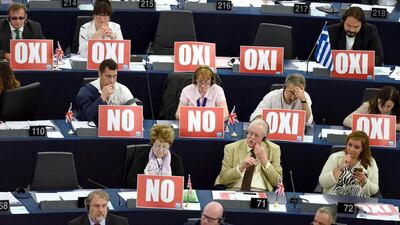 Greece was given a Sunday deadline by European leaders to accept a rescue or face a possible exit from the euro zone. Patrick Seeger / EPA