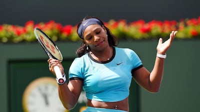 Serena Williams of USA reacts during the women's final match against Victoria Azarenka of Belarus in at the BNP Paribas Open at the Indian Wells Tennis Garden in Indian Wells, California, March 20, 2016. Azarenka defeated Williams 6-4, 6-4. / AFP / ROBYN BECK
