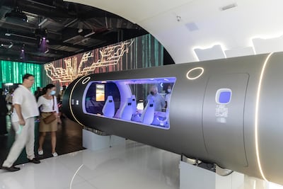 Zeleros, a Spanish start-up, displays a model of its hyperloop below ground level at the Spanish pavilion at Expo 2020 Dubai. Photo: Antonie Robertson / The National