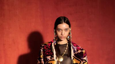 A velvet ikat coat by Osman Yousefzada for autumn / winter 2021