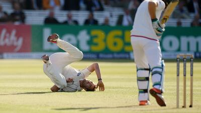 New Zealand’s Tim Southee falls over after bowling to England’s Jos Buttler. Philip Brown / Reuters / May 21, 2015