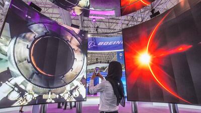 Inside the Boeing stand at the Dubai Airshow 2019. Leslie Pableo for The National