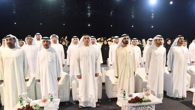 Sheikh Mohammed bin Rashid, Vice President and Ruler of Dubai, Sheikh Saif bin Zayed, Deputy Prime Minister and Minister of Interior, Sheikh Hamdan bin Mohammed, Crown Prince of Dubai, and Sheikh Ahmed bin Saeed, president of Dubai Civil Aviation Authority, chief executive and chairman of Emirates Group and chairman of Dubai World, stand for the UAE national anthem at the Hathi Bilaadi Operetta on Wednesday. Wam