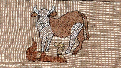 A detail from the Keiskamma Tapestry showing cows and snakes.
