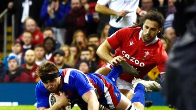 France's Anthony Jelonch scores their first try against Wales. Reuters