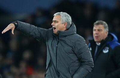 Manchester United manager Jose Mourinho gives instructions during the 2-0 win over Everton at Goodison Park. Clive Brunskill/Getty Images