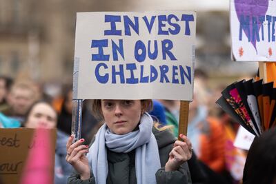 Striking teachers and supporters gather in Trafalgar Square in London. Getty