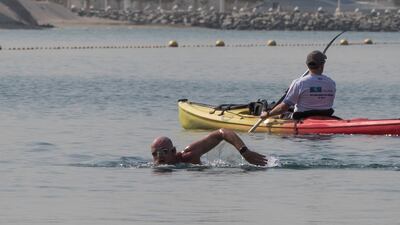 Dubai, United Arab Emirates - Will Follet solo swim around Palm Jumeirah for charity at West Palm Beach, Dubai. Ruel Pableo for The National