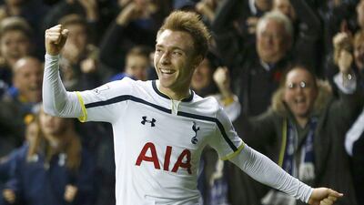 Tottenham Hotspur's Christian Eriksen celebrates after scoring his side's first goal against Everton during their Premier League victory on Sunday at white Hart Lane. Eddie Keogh / Reuteres / November 30, 2014