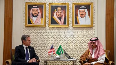 Saudi Foreign Minister Prince Faisal bin Farhan meets Mr Blinken, in Riyadh. AFP