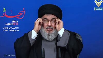 Hezbollah chief Hassan Nasrallah, pictured in a previous televised address, says his Iran-backed group will donate fuel to civil institutions in Lebanon. Photo: EPA