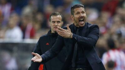 Atletico Madrid coach Diego Simeone reacts during his side's Champions League draw with Chelsea on Tuesday night. Darren Staples / Reuters / April 22, 2014