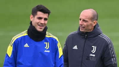 Juventus' forward Alvaro Morata and manager Massimiliano Allegri train for their match against Chelsea. AFP