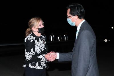 US Senator Marsha Blackburn is greeted by a Taiwanese official upon her arrival at the Sungshan Airport in Taipei. Taiwan's Ministry of Foreign Affairs