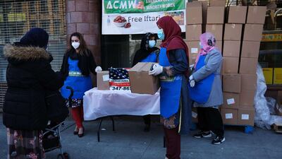 Halal food boxes are distributed to those in need during Ramadan in the Brooklyn borough of New York City. Food banks around the nation have witnessed a surge in clients as millions of Americans have either lost jobs or seen a decline in income due to the continued closure of businesses and economic life because of the coronavirus pandemic. Getty