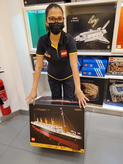 Suzette Caalam with the Titanic set, which was the most popular item during Eid at the Lego store in Dubai Mall.