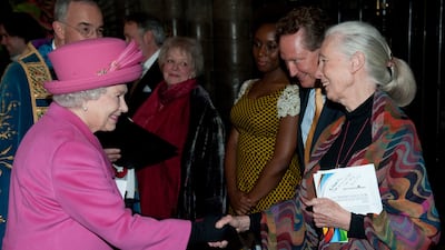 Queen Elizabeth II and Dr Goodall DBE after the annual Commonwealth Day Observance Service in March 2012 in London. Getty Images