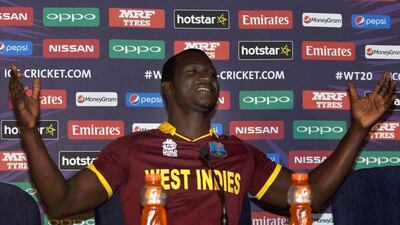West Indies captain Darren Sammy gestures as he addresses the media at a press conference ahead of the World Twenty20 tournament. AFP Photo / March 8, 2016