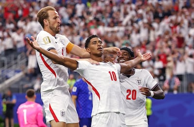 Jude Bellingham celebrates scoring England's third goal against Croatia. AFP