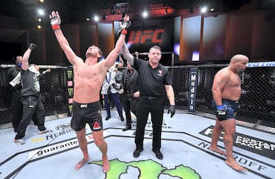 Stipe Miocic celebrates after his victory over Daniel Cormier in UFC 252. Jeff Bottari / Zuffa LLC