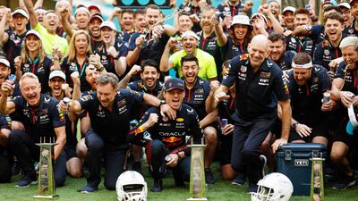 Max Verstappencelebrates with his Red Bull team after winning the Miami Grand Prix on May 7, 2023. AFP