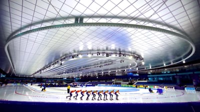 The Dutch men's team during the 10,000m race during the ISU European Speed Skating Championships at Thialf Stadium in Heerenveen, the Netherlands, on Sunday, January 17. Getty