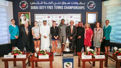 Tennis stars Alize Cornet, third left, Agnieszka Radwanska, fifth left, and defending champions Venus Wiliams centre, were present for the official draw. Courtesy: Dubai Duty Free Tennis Championships