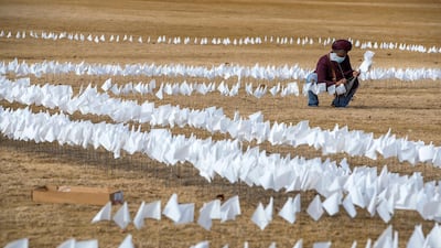 Tanya Washington helps place some of the more than 10,000 white flags representing Covid-19 related deaths in the state of Georgia, at Piedmont Park in Atlanta, Georgia. EPA