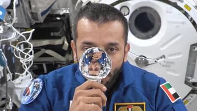 Sultan Al Neyadi demonstrates how water is used on board the International Space Station. Photo: Dubai Media Office