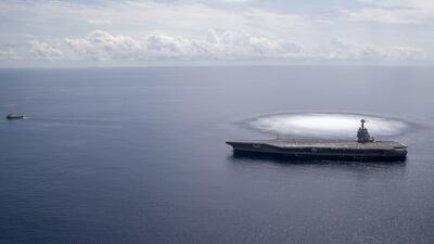 The aircraft carrier USS Gerald R. Ford (CVN 78) completes the first scheduled explosive event of Full Ship Shock Trials while underway in the Atlantic Ocean, June 18, 2021. The US Navy conducts shock trials of new ship designs using live explosives to confirm that warships can continue to meet demanding mission requirements under harsh conditions they might encounter in battle. Photo: US Navy