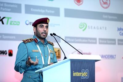 Brig Rashid Alfalasi, Assistant Director General for Fire and Rescue, on Sunday at the fire conference. Victor Besa / The National