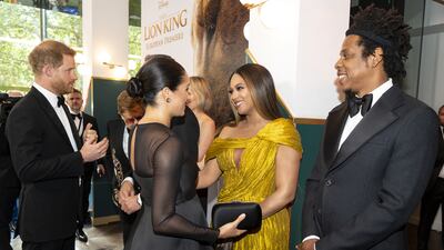 Meghan meets Beyonce Knowles-Carter and Jay-Z as they attend the European Premiere of Disney's 'The Lion King' at Leicester Square in London, in July 2019. Getty Images