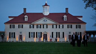 A view of the mansion at the Mount Vernon estate of first US President George Washington during a dinner between US President Donald Trump and French President Emmanuel Macron in Mount Vernon, Virginia, USA, on April 23, 2018. Andrew Harrer / EPA