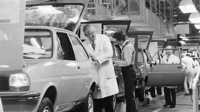 Ford has confirmed its Fiesta model will be dropped after 46 years. Here 'The National' looks back at the car's history. Above is the production line of the Ford Fiesta at Dagenham, in 1977. Getty Images