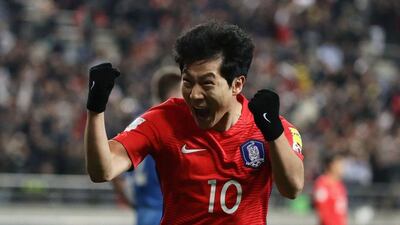 Nam Taehee of South Korea celebrates scoring his team's first goal against Uzbekistan at Seoul World Cup Stadium on November 15, 2016 in Seoul, South Korea. Chung Sung-Jun / Getty Images