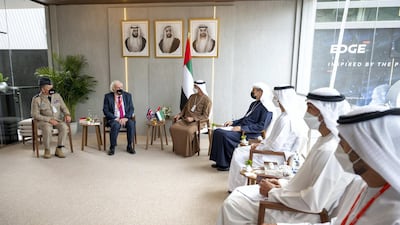 Sheikh Mohamed bin Zayed meets Edward Lister, the British Prime Minister's special envoy for the Gulf, and Air Marshal Martin Sampson, defence senior military Adviser to the Middle East and North Africa at the British Ministry of Defence, at Idex. Courtesy: Sheikh Mohamed bin Zayed Twitter