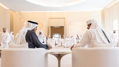 Sheikh Mohamed speaks with Sheikh Tamim. Photo: Ryan Carter / UAE Presidential Court