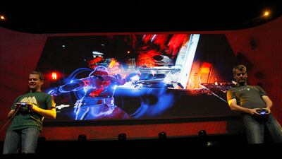 Game developers demonstrate Destiny at the Sony news conference. David McNew / Reuters