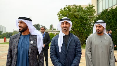 Sheikh Nahyan bin Zayed, Chairman of the Board of Trustees of Zayed bin Sultan Al Nahyan Charitable and Humanitarian Foundation, Sheikh Hamdan bin Mohamed bin Zayed and Sheikh Mohamed bin Hamad bin Tahnoon attend a reception at the Palace of Serbia. Photo: Mohamed Al Hammadi / Presidential Court