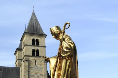 During the procession of Echternach, this reliquary containing a bone of Saint Willibrord is carried through the streets. Getty