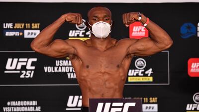 Kamaru Usman of Nigeria poses on the scale during the UFC 251 official weigh-in inside Flash Forum at UFC Fight Island on Yas Island in Abu Dhabi on Friday. All photos by UFC / Getty Images / Zuffa LLC