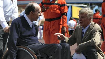 Then FIA President Max Mosley chats in the paddock with BMW Williams's team principal Frank Williams during the 2005 Monaco Formula One Grand Prix. Getty Images