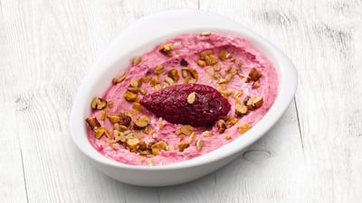 Beetroot hummus at Hala Organic. Middle Eastern food lends itself nicely to a vegan diet.