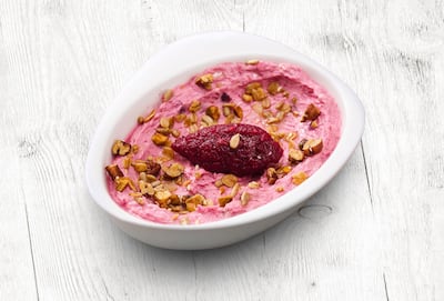 Beetroot hummus at Hala Organic. Middle Eastern food lends itself nicely to a vegan diet.