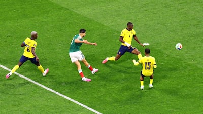 Mexico's Raul Jimenez scores their second goal against Ecuador in Mexico City. Reuters