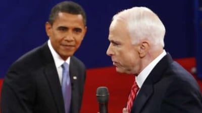 John McCain and Barack Obama after the presidential debate on Oct 7 2008 in Nashville, Tennessee.