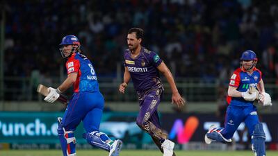 Kolkata Knight Riders' Mitchell Starc, centre, picked up two wickets against Delhi Capitals in Visakhapatnam. AP