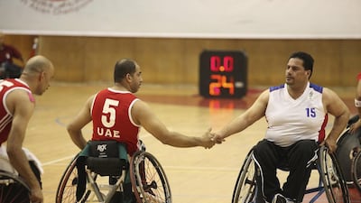 The UAE's men's wheelchair basketball team in action against Jordan at Al Ahli Sports Club in Dubai. Lee Hoagland / The National