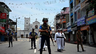 Soldiers stand guard outside St Anthony's Shrine in Colombo, Sri Lanka, following a series of bomb blasts. Jewel Samad / AFP