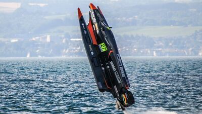 Ahmed Al Hameli of Team Emirates shown crashing on Saturday during qualifying for the UIM F1H20 Grand Prix of France. Photo Courtesy / F1H20